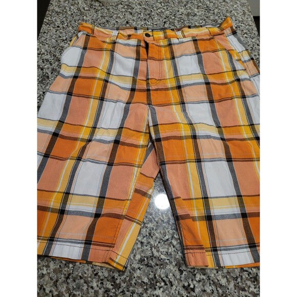 Southpole Shorts Mens 42 Orange Yellow Plaid Casual Cotton Blend Flat Front - Picture 1 of 7